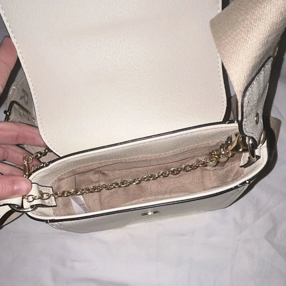 True Religion Women’s Small White Logo Crossbody, Magnetic, Beige Strap Gold